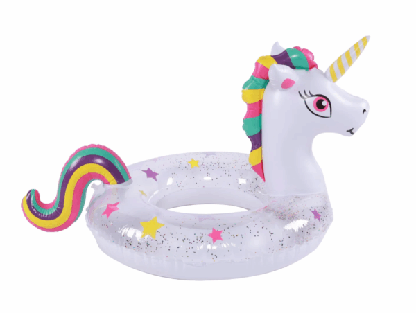 Rainbow Unicorn Glitter Swim Ring – Cute PVC Inflatable Float for Kids & Adults